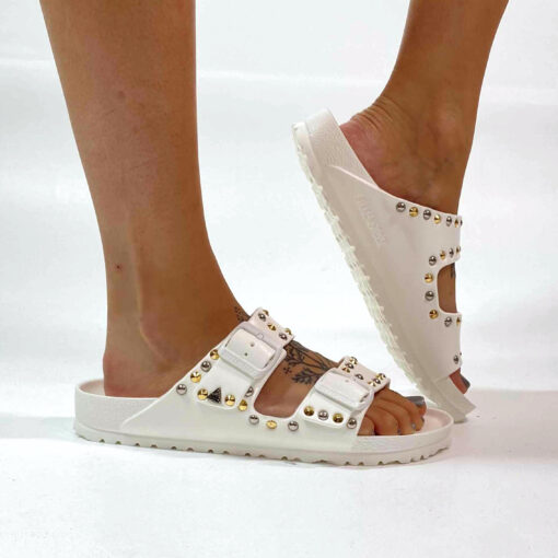 Birkenstock Eva Bianca Borchie Oro e Argento LLab scarpe custom