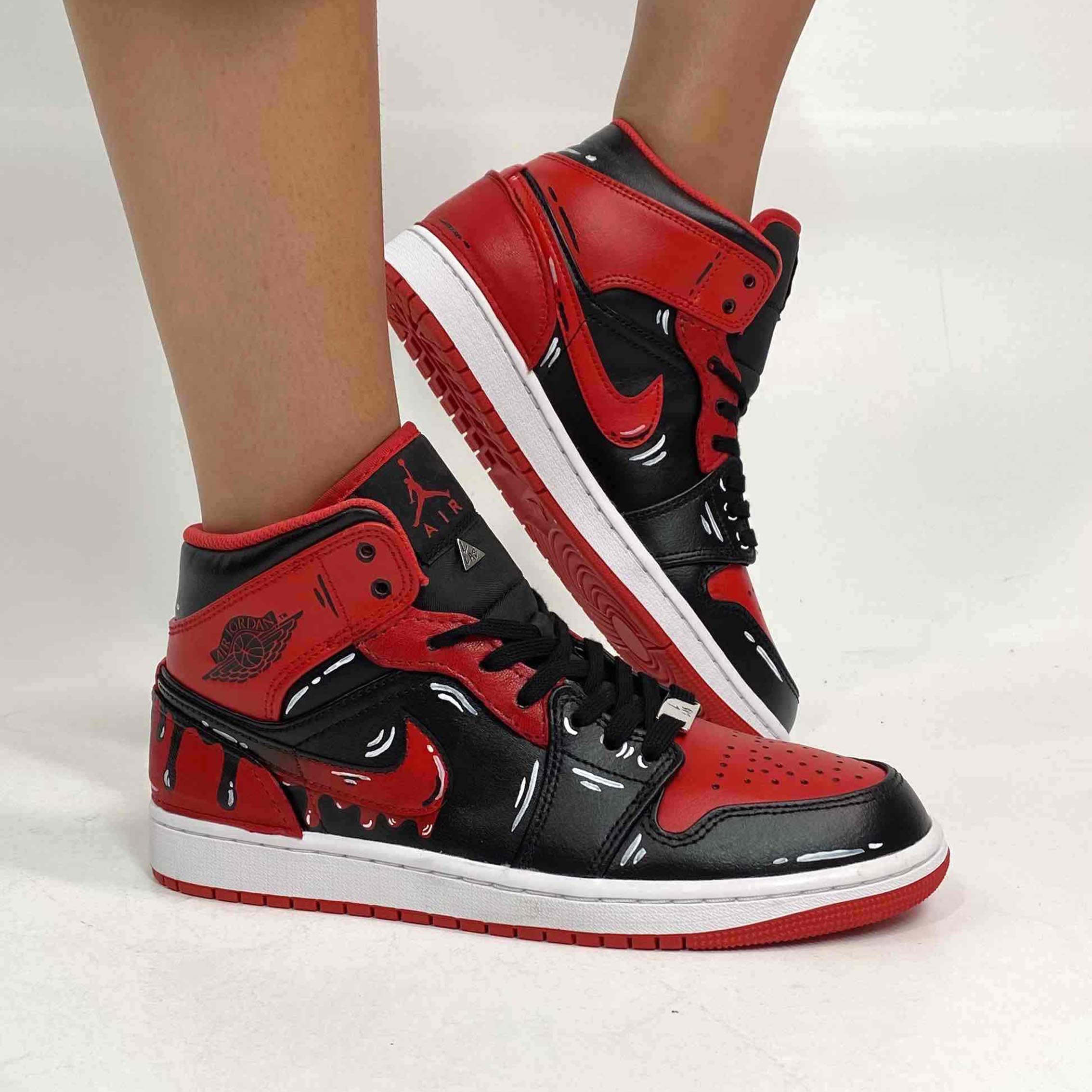 Nike Jordan 1 Custom Cartoon Dipinta A Mano Rosso Nero Vol. 2